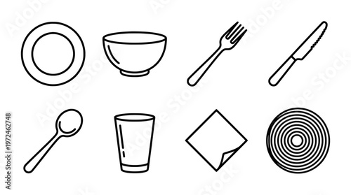 Minimalist dining set illustration plate bowl fork knife spoon glass napkin