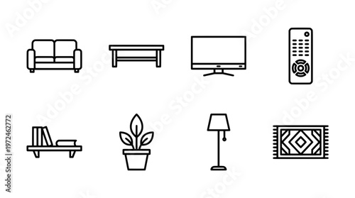 Minimalist home interior icon set sofa table television remote books plant lamp rug