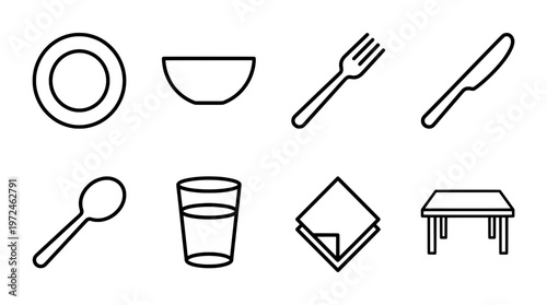 Minimalist icon set plate bowl cutlery glass napkin and table