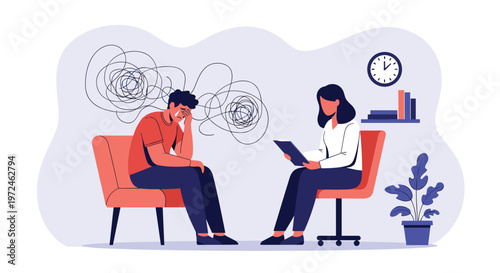 Professional psychotherapy session with a male patient crying and a female psychologist listening and taking notes.