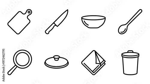 Minimalist kitchen utensils icons cutting board knife bowl spoon and more