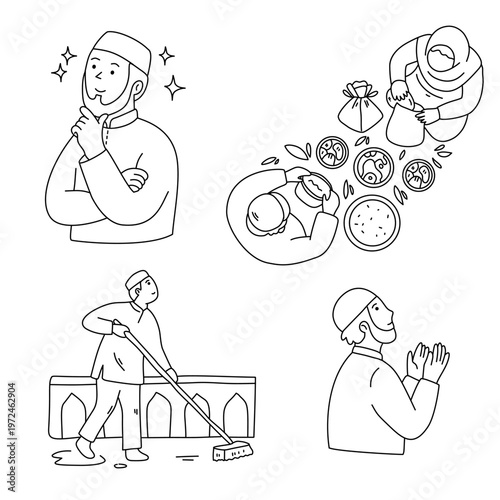 muslim man thinking praying and woman packing traditional food for eid celebration