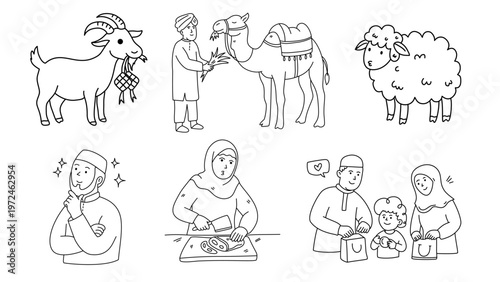 hand drawn set of qurbani animals meat processing and family sharing gifts