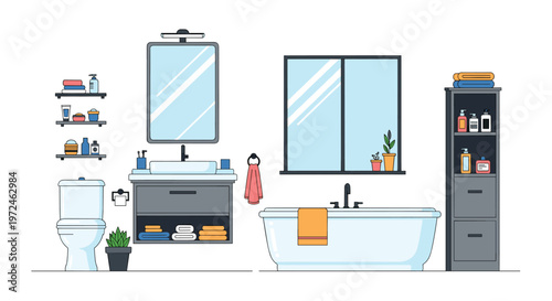 Clean and modern bathroom interior design featuring a white bathtub, toilet, vanity unit, and various hygiene products.