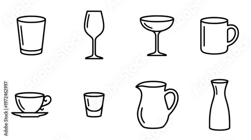 Various glassware outlined against white background for diverse beverage serving
