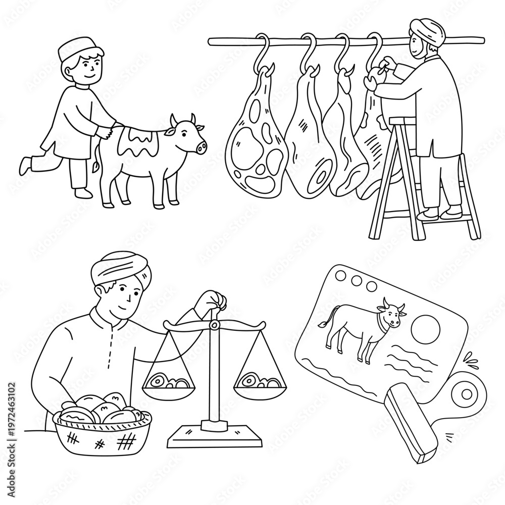 Obraz premium butcher preparing meat for distribution using scales and cutting on wooden board