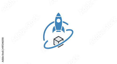 Blue Rocket Orbiting Wireframe Cube Icon for Tech Startup and Innovation on an Isolated White Background
