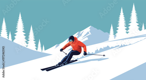 Professional skier skiing down a steep snowy mountain slope during the winter season with white pine trees in the background.