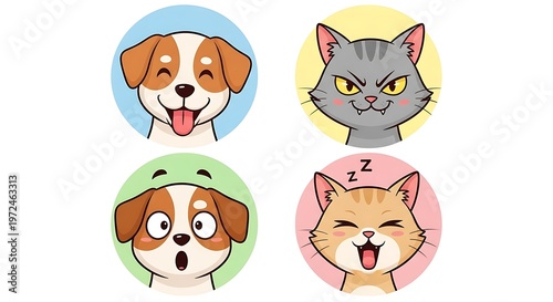 Cute cartoon animal faces in colorful circles.