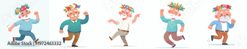 vector of a grandpa happily dancing and wearing a crown of flowers on spring