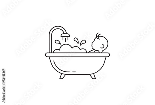 Baby, bathtub, line art, vector, illustration, bathroom, kids, children, bath, water, minimalist