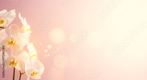 Soft elegant white orchids against a pastel pink gradient background with bokeh.