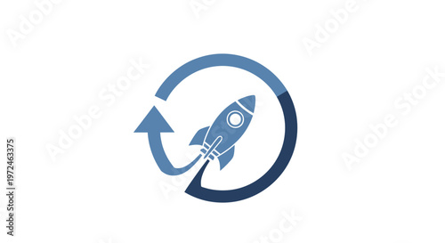 Blue rocket ship logo with circular arrow.