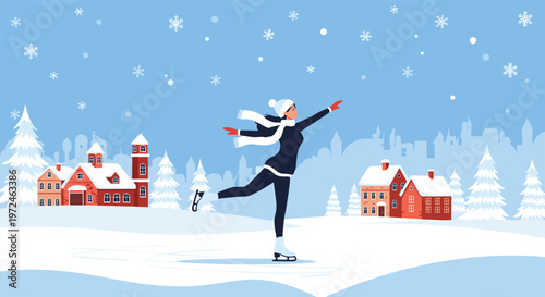 Elegant woman figure skating gracefully on a frozen pond in a beautiful snowy winter village mountain landscape.
