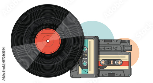 Nostalgic collection of retro music formats including a black vinyl record and several vintage cassette tapes.