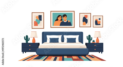 Modern stylish bedroom interior with a large navy blue bed, abstract wall art, and symmetrical bedside lamps.