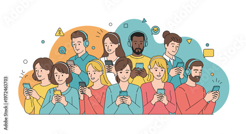 A diverse group of men and women all looking at and interacting with their own mobile smartphones together.