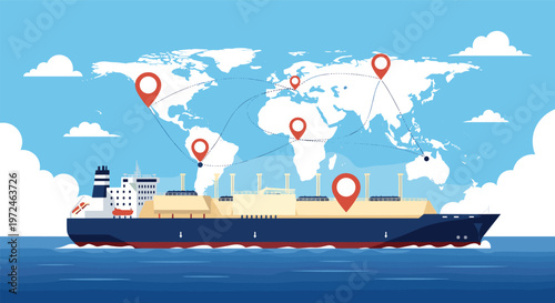 Large liquid natural gas tanker ship sailing on the sea with global shipping routes marked on a world map.