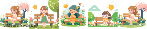 vector of a little girl sitting on a park bench drinking iced orange juice in a flowering garden atmosphere