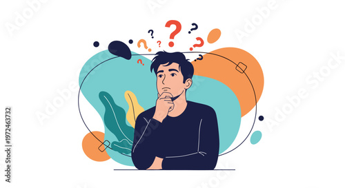 Pensive young man thinking and looking for an answer with multiple question marks floating above his head.