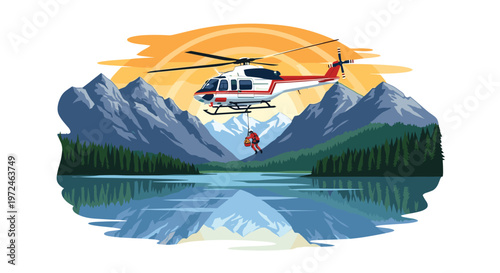 Emergency rescue helicopter hoisting a person from a beautiful lake surrounded by high mountains and forests.