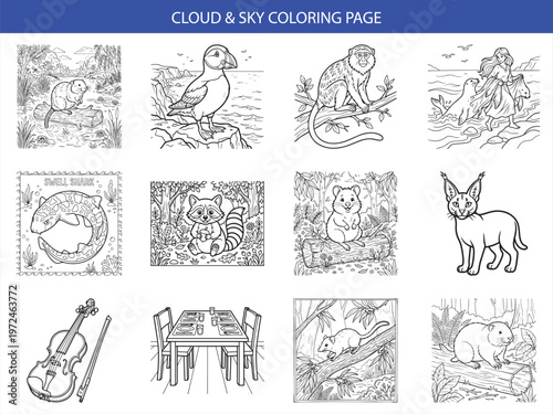 Whimsical coloring page collection featuring animals musical instruments and household settings for creative children's activity books