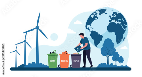 Man recycling waste into separate bins for glass, plastic, and paper with wind turbines and a globe background.