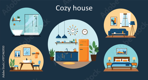Vignettes showing different rooms of a cozy house including a kitchen, bathroom, bedroom, and living area.