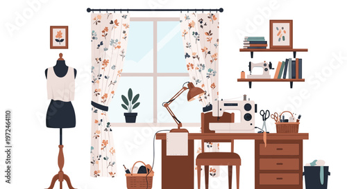 Creative sewing workshop or hobby room equipped with a sewing machine, dress form, fabrics, and various tailoring tools.