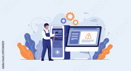 IT technician or engineer repairing server hardware while a computer monitor displays a system warning message nearby.