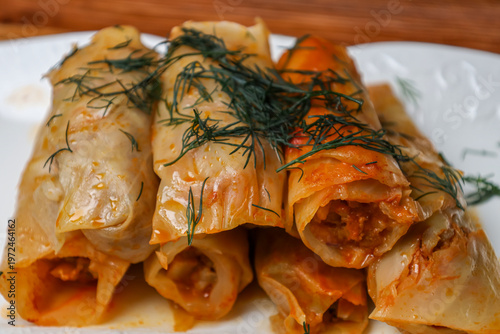 Cabbage rolls with herbs on a white plate. Close-up