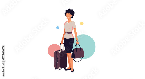 Stylish business woman standing with a suitcase and a shoulder bag, prepared for a trip or business travel.