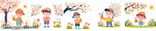 vector of a little boy standing drinking iced orange juice together in spring