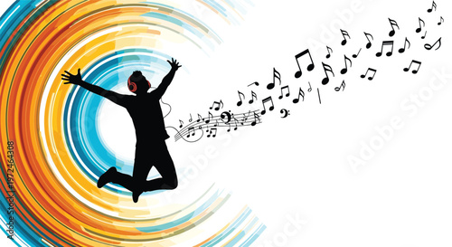 Dynamic silhouette of a person jumping in the air while listening to music with headphones on a colorful background.