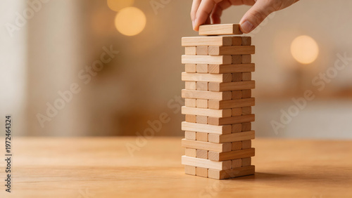 Hand placing wooden block on tower