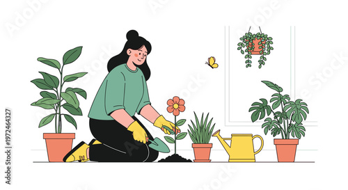 Young woman wearing gloves while planting a flower in a pot, surrounded by several other houseplants indoors.