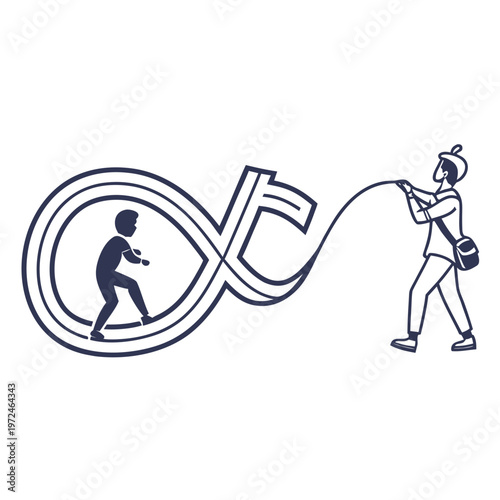 Person pulling a silhouette figure through an infinity with line art