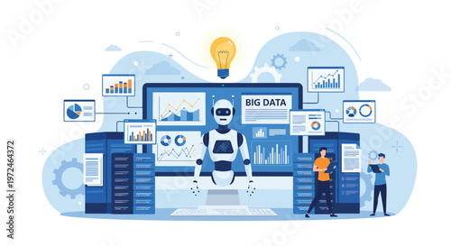 Big data and artificial intelligence concept with a robot surrounded by data charts, servers, and human analysts.