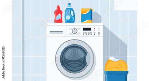 Modern white washing machine with various liquid detergents and a full laundry basket in a tiled bathroom.