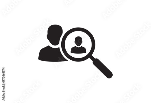 Black silhouette icons, user profile search, magnifying glass, vector graphics