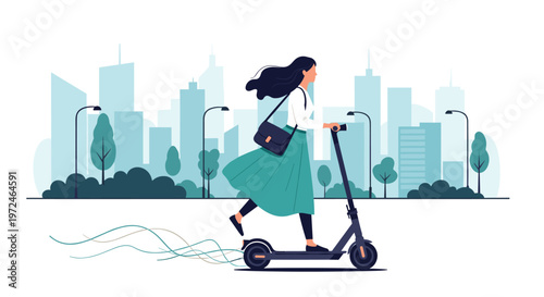 Young woman riding an electric scooter through the city park area as an eco-friendly transport alternative.