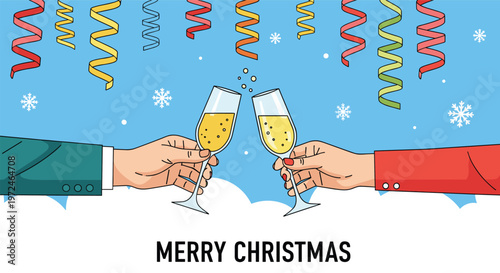 Two people clinking glasses of champagne in a toast for a festive Christmas celebration with colorful streamers.