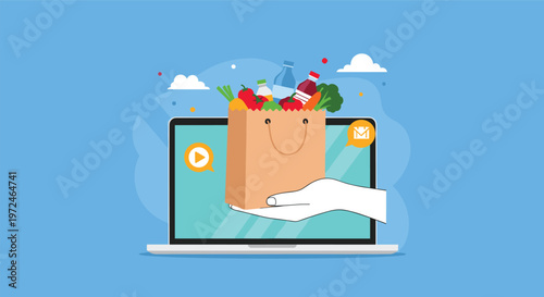 Online grocery shopping concept showing a hand holding a bag of fresh vegetables and fruits in front of a laptop.