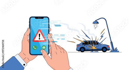 Hand holding a smartphone displaying an emergency alert message while a car accident or fire is seen in the distance.