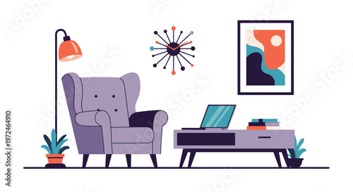 Modern living room interior features a stylish purple armchair, a wooden coffee table with a laptop, and abstract art on the wall.