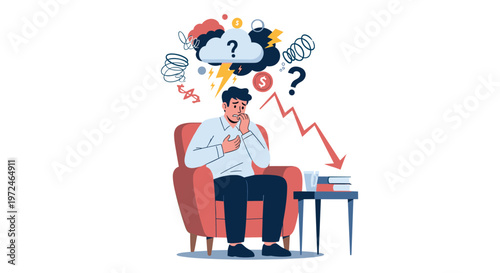 Stressed man sits in an armchair feeling overwhelmed by financial pressure and various mental health challenges in his life.