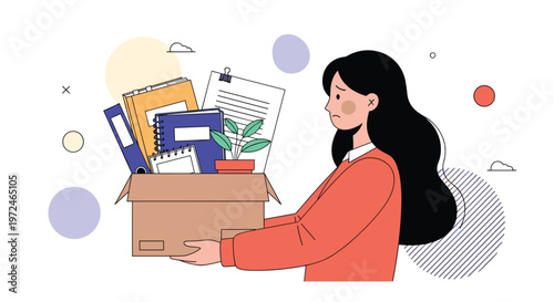 Sad young woman carries a cardboard box filled with her office belongings after losing her job and facing unemployment.