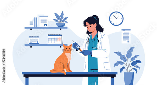 Caring female veterinarian in a white coat prepares an injection for a ginger cat on a medical table in a clinic office.