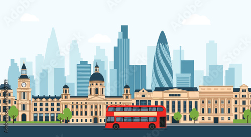 Iconic London skyline features famous landmarks like Big Ben and The Gherkin with a classic red double-decker bus on the road.