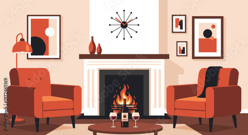 Cozy living room interior features a warm fireplace, two orange armchairs, a bottle of wine, and art on the walls.